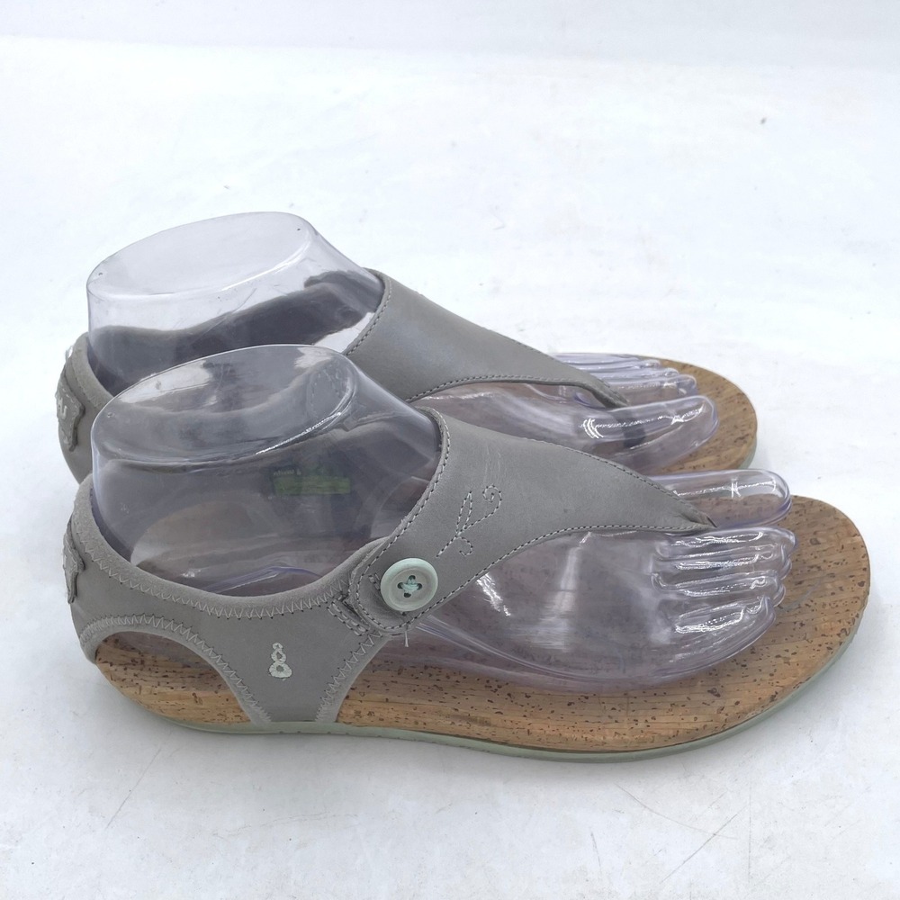 Ahnu Womens Grey Leather Cork T-Strap Thong Sandals Floral Button F8015L Size 7